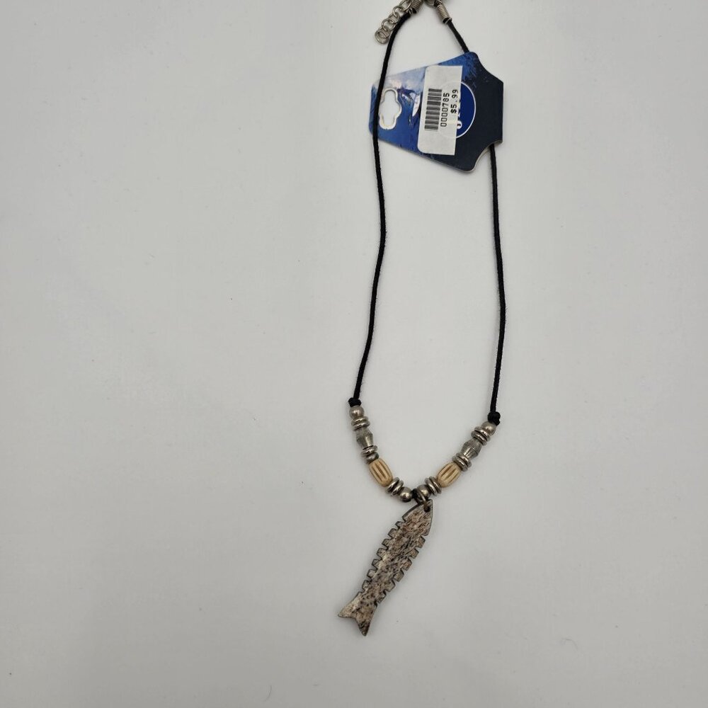 Fish Bone Pendant Necklace With Beaded Cord & Adjustable Closure